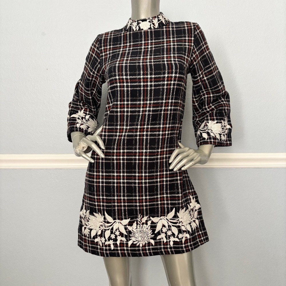 Fanm Mon Dress Navy Blue Layla Tweed 3/4 Sleeves Mini Embroidered New